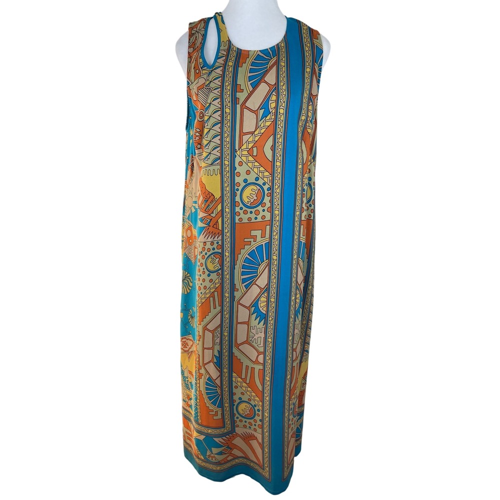 Akemi + Kin Maxi Dress Womens 12 Blue Silk Geometric Very Good Side Slits Boho‎